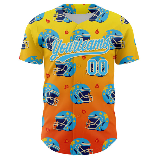 Custom Light Yellow Sky Blue Orange-Cream 3D Pattern Design Flame Football Helmet Authentic Baseball Jersey alternate