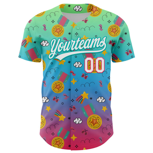 Custom Pea Green Neon Pink Aqua-Sky Blue 3D Pattern Design Champion Medal Authentic Baseball Jersey alternate
