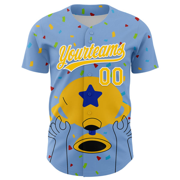 Custom Light Blue Yellow-White 3D Pattern Design Champion Trophy Authentic Baseball Jersey alternate