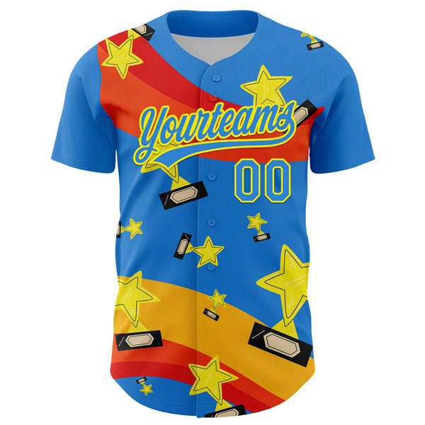 Custom Electric Blue Light Yellow 3D Pattern Design Champion Trophy Authentic Baseball Jersey alternate