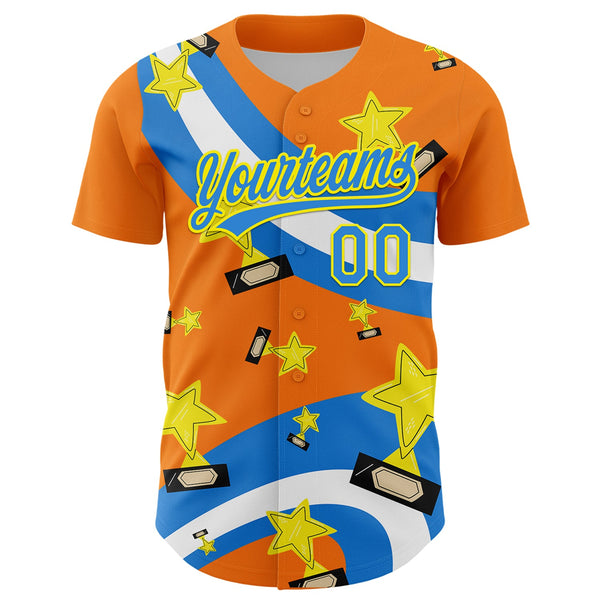 Custom Bay Orange Electric Blue-Light Yellow 3D Pattern Design Champion Trophy Authentic Baseball Jersey alternate