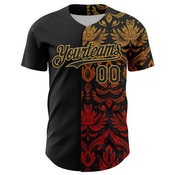 Custom Black Old Gold 3D Pattern Design Vintage Tattoos Authentic Baseball Jersey alternate