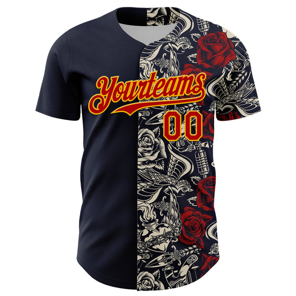 Custom Navy Red-Gold 3D Pattern Design Vintage Tattoos Authentic Baseball Jersey alternate