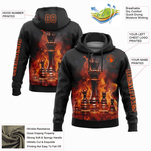 Custom Black Orange 3D Flame Chess International Chess Day Sports Pullover Sweatshirt Hoodie alternate