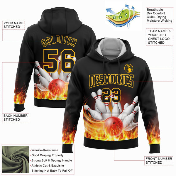 Custom Stitched Black Gold 3D Flame Bowling Sports Pullover Sweatshirt Hoodie alternate