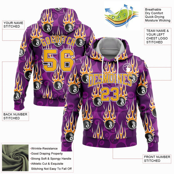 Custom Stitched Purple Gold-White 3D Billiard Snooker 8 Ball With Hotrod Flame Sports Pullover Sweatshirt Hoodie alternate