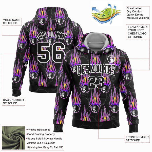Custom Stitched Black White-Purple 3D Flame Billiard Snooker 8 Ball Sports Pullover Sweatshirt Hoodie alternate