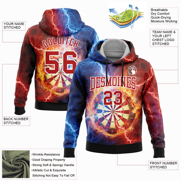 Custom Stitched Black Red-White 3D Lightning Flame Dart Board Sports Pullover Sweatshirt Hoodie alternate