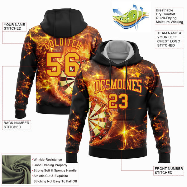 Custom Stitched Black Gold-Red 3D Flame Dart Board Sports Pullover Sweatshirt Hoodie alternate