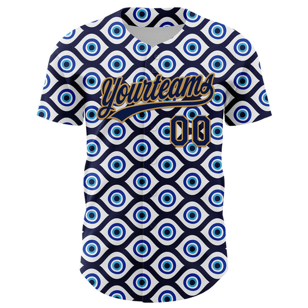 Custom White Navy-Old Gold 3D Pattern Design Evil Eyes Authentic Baseball Jersey alternate