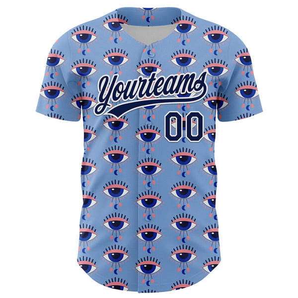 Custom Light Blue Navy-White 3D Pattern Design Evil Eyes Authentic Baseball Jersey alternate