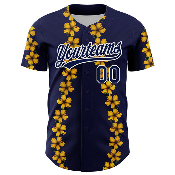 Custom Navy White 3D Tropical Hawaii Flower Authentic Baseball Jersey alternate