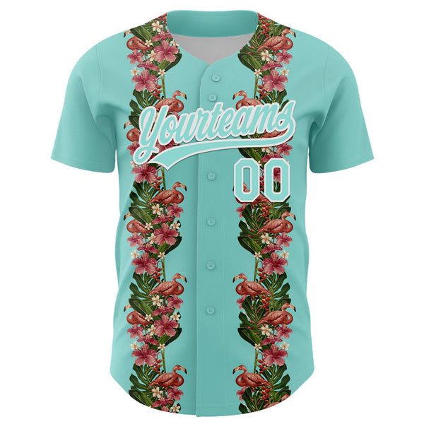 Custom Ice Blue White 3D Tropical Hawaii Plant And Flamingo Authentic Baseball Jersey alternate