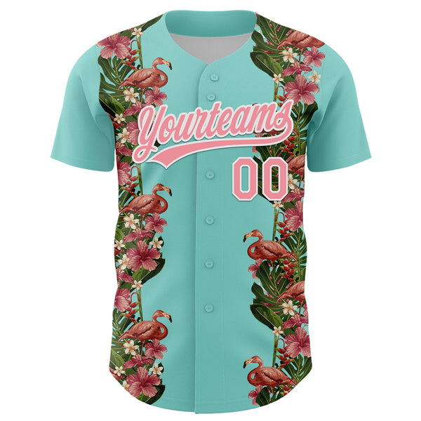 Custom Ice Blue Medium Pink-White 3D Tropical Hawaii Plant And Flamingo Authentic Baseball Jersey alternate