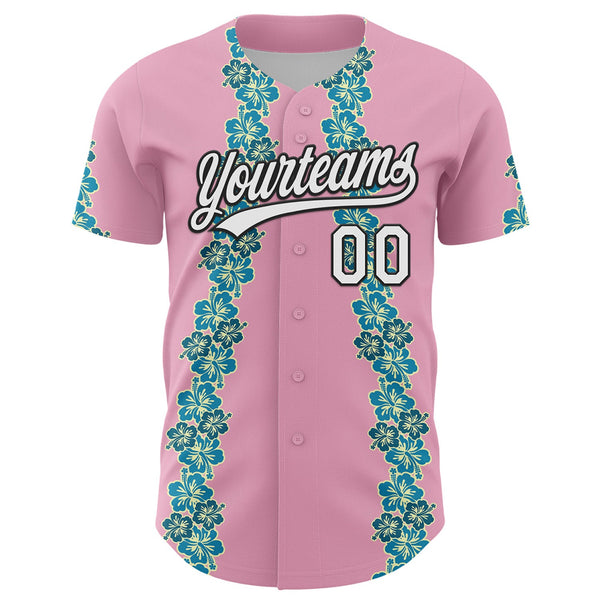 Custom Light Pink White-Black 3D Tropical Hawaii Flower Authentic Baseball Jersey alternate