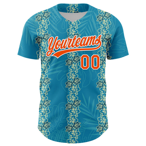 Custom Sky Blue Orange-White 3D Tropical Hawaii Jungle Leaves And Flower Authentic Baseball Jersey alternate