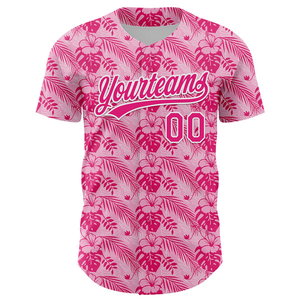 Custom Hot Pink White 3D Tropical Hawaii Jungle Leaves And Flower Authentic Baseball Jersey alternate