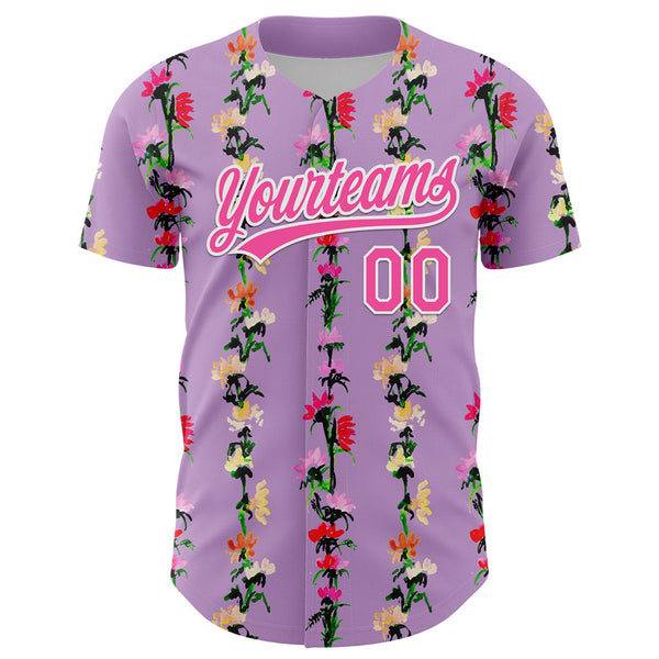 Custom Light Purple Pink-White 3D Tropical Hawaii Flower Authentic Baseball Jersey alternate