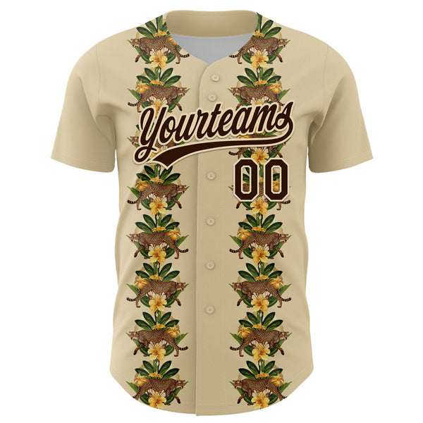 Custom Cream Brown 3D Tropical Hawaii Jungle Plant And Leopard Authentic Baseball Jersey alternate