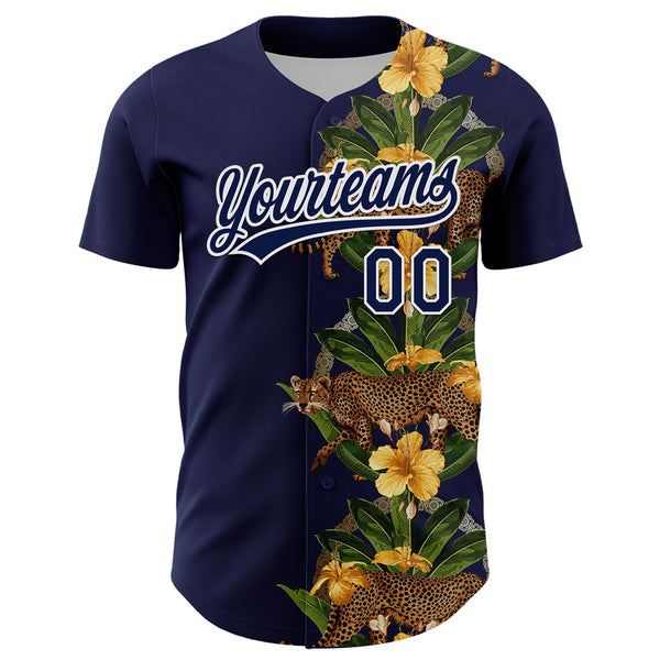 Custom Navy White 3D Tropical Hawaii Jungle Plant And Leopard Authentic Baseball Jersey alternate