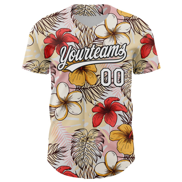 Custom White Black 3D Tropical Hawaii Jungle Leaves And Flower Authentic Baseball Jersey alternate