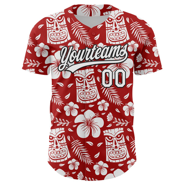 Custom Red White-Black 3D Tropical Hawaii Jungle Leaves Flower And Tiki Mask Authentic Baseball Jersey alternate