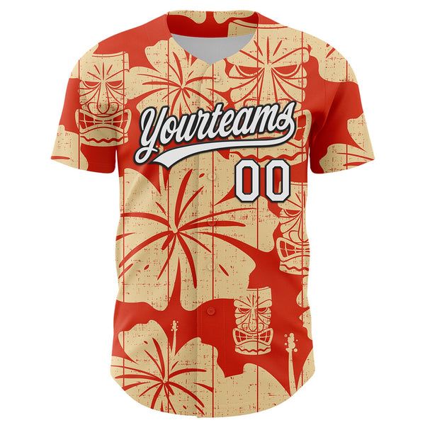 Custom Red White-Black 3D Tropical Hawaii Flower And Tiki Mask Authentic Baseball Jersey alternate
