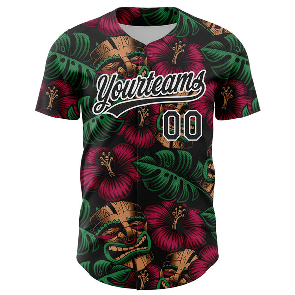 Custom Black White 3D Tropical Hawaii Jungle Leaves And Flower Authentic Baseball Jersey alternate