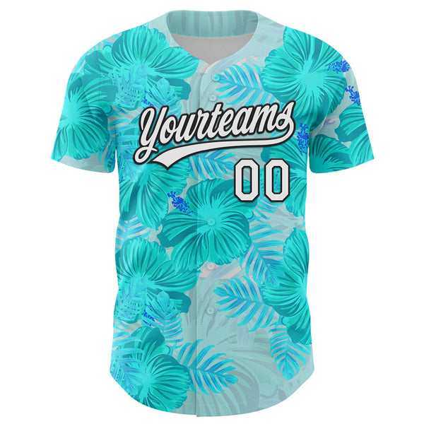Custom Lakes Blue White-Black 3D Tropical Hawaii Jungle Leaves And Flower Authentic Baseball Jersey alternate