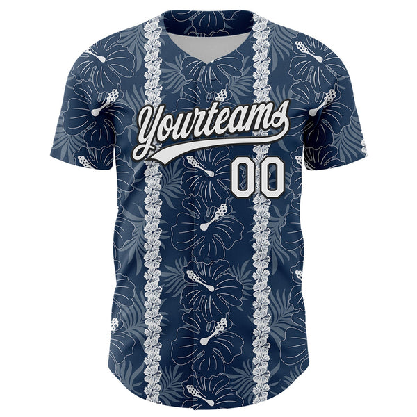 Custom Navy White-Black 3D Tropical Hawaii Jungle Leaves And Flower Authentic Baseball Jersey alternate