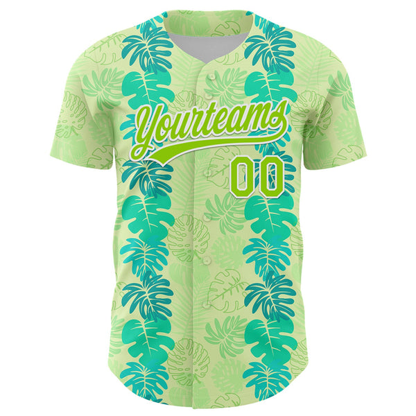 Custom Pea Green Neon Green-White 3D Tropical Hawaii Jungle Leaves Authentic Baseball Jersey alternate