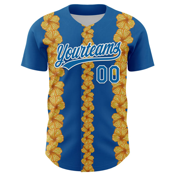 Custom Blue White 3D Tropical Hawaii Flower Authentic Baseball Jersey alternate