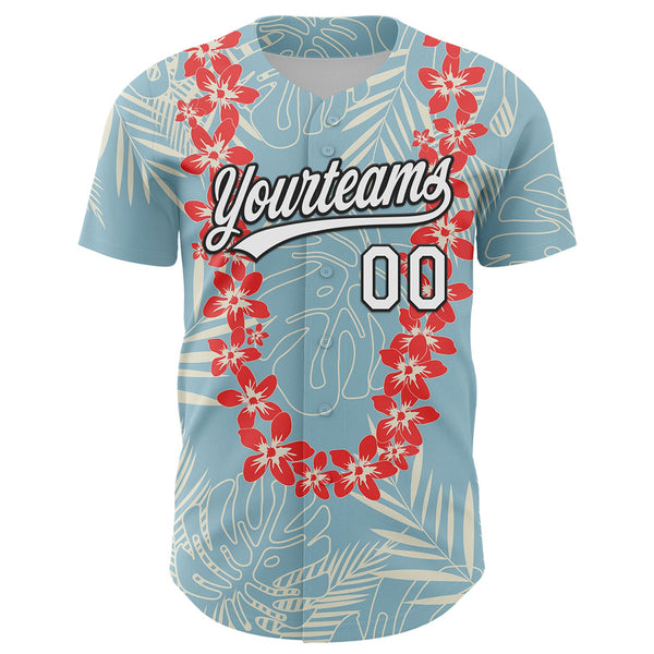 Custom Shadow Blue White-Black 3D Tropical Hawaii Leaves And Flower Authentic Baseball Jersey alternate