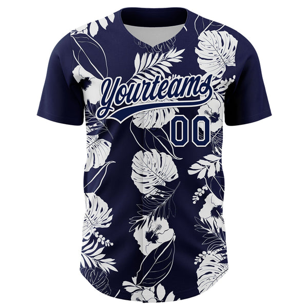 Custom Navy White 3D Tropical Hawaii Leaves And Flower Authentic Baseball Jersey alternate