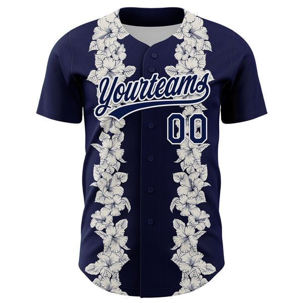 Custom Navy White 3D Tropical Hawaii Leaves And Flower Authentic Baseball Jersey alternate