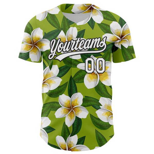 Custom Green White-Black 3D Tropical Hawaii Jungle Leaves And Flower Authentic Baseball Jersey alternate