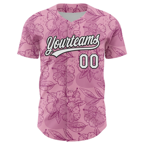 Custom Light Pink White-Black 3D Tropical Hawaii Jungle Leaves And Flower Authentic Baseball Jersey alternate