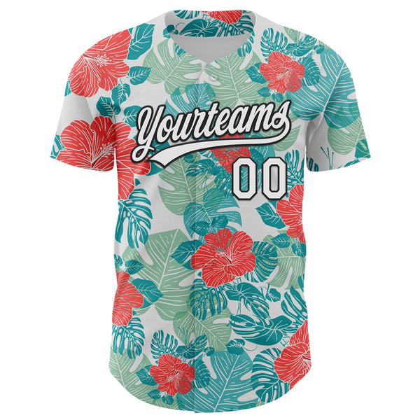 Custom White Black 3D Tropical Hawaii Jungle Leaves And Flower Authentic Baseball Jersey alternate