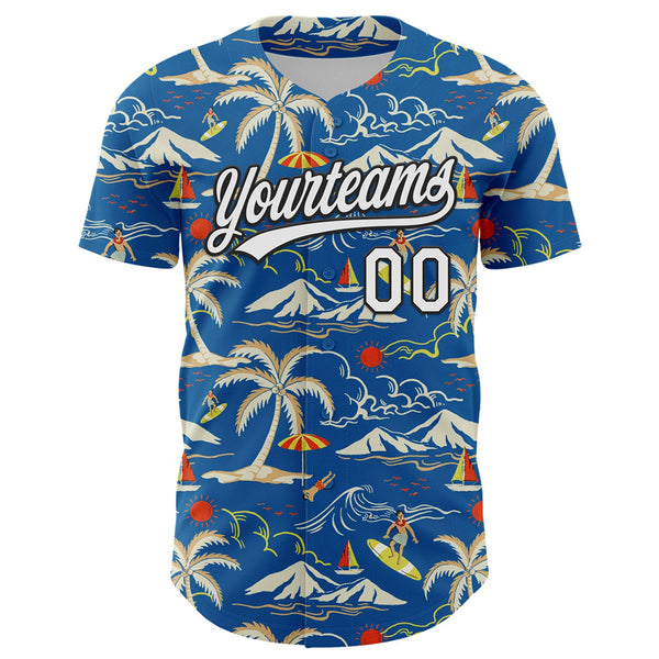 Custom Blue White-Black 3D Tropical Beach Island Hawaii Palm Tree Authentic Baseball Jersey alternate