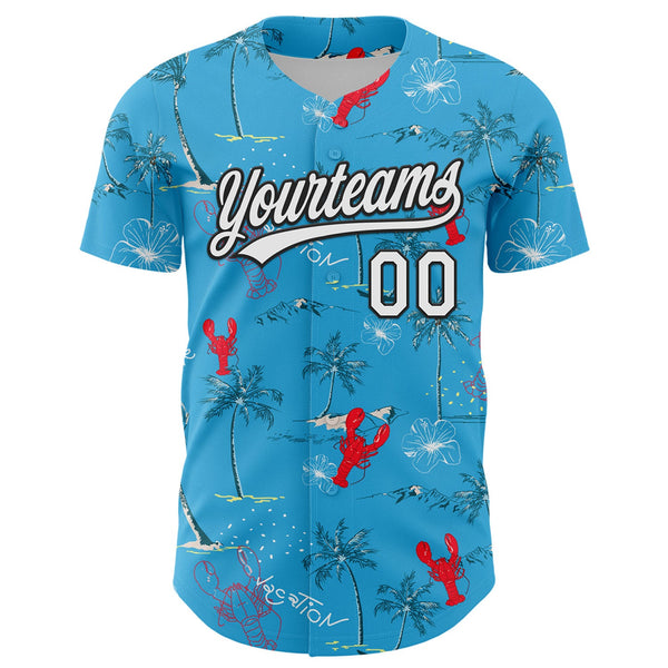 Custom Sky Blue White-Black 3D Tropical Beach Hawaii Palm Tree And Lobster Authentic Baseball Jersey alternate