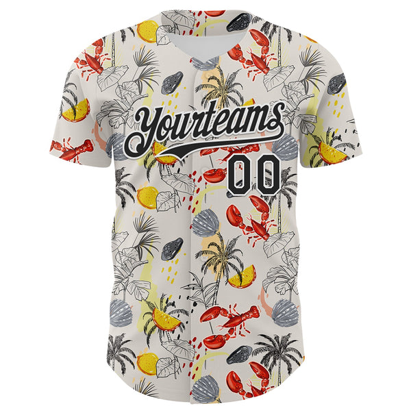 Custom Cream Black-White 3D Hawaii Tropical Palm Tree Lobster Authentic Baseball Jersey alternate