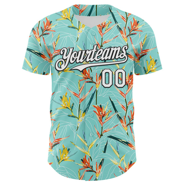 Custom Ice Blue White-Black 3D Hawaii Tropical Leaves Authentic Baseball Jersey alternate