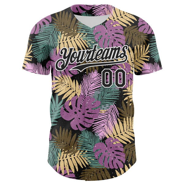 Custom Black White 3D Hawaii Tropical Palm Leaves Authentic Baseball Jersey alternate