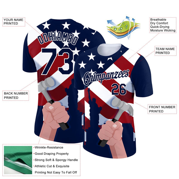 Custom Royal Red-White 3D Pattern Design American Flag Statue of Liberty Tool Hammer Labor Day Performance T-Shirt alternate
