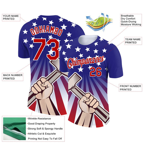 Custom Dark Purple Red-White 3D Pattern Design American Flag Tool Hammer Labor Day Performance T-Shirt alternate