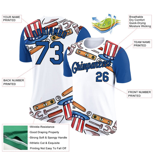 Custom White Blue-Black 3D Pattern Design American Flag Tool Labor Day Performance T-Shirt alternate