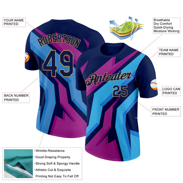 Custom Navy Old Gold 3D Esports Performance T-Shirt alternate