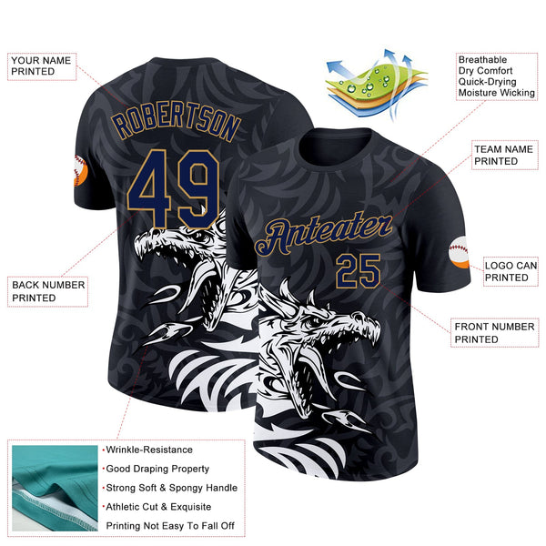 Custom Black Navy-Old Gold 3D Esports Performance T-Shirt alternate