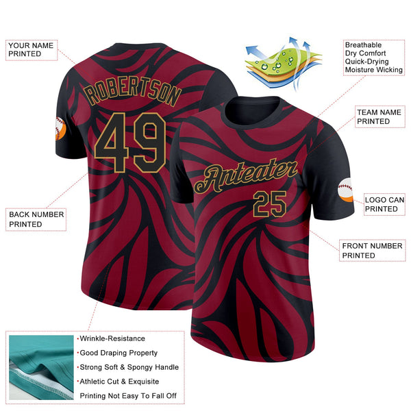 Custom Crimson Black-Old Gold 3D Esports Performance T-Shirt alternate