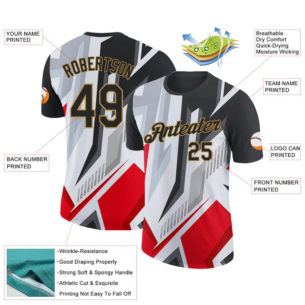 Custom Black Red Gray-Old Gold 3D Esports Performance T-Shirt alternate